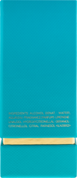 Tył opakowania Tom Ford Neroli Portofino, turkusowe pudełko ze składem INCI i złotym paskiem.