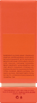 Tył pomarańczowego opakowania Tom Ford Bitter Peach EDP z czytelną listą składników i danych producenta.