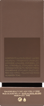 Tył brązowego opakowania wody perfumowanej Tom Ford Bois Marocain z listą składników.