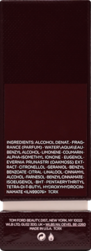 Tył perfum Tom Ford Cherry Smoke, ciemnoczerwone pudełko z białą listą składników i danymi producenta.