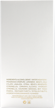 Tył białego opakowania wody toaletowej Tom Ford Eau De Soleil Blanc z widoczną listą składników.
