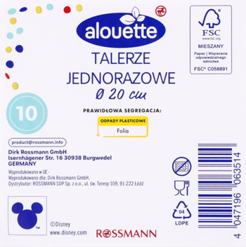 Tył opakowania Alouette: 10 papierowych talerzyków Disney Ø20cm, białe tło, kod kreskowy, logo FSC.
