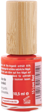 Alterra lakier do paznokci Love Red 15 (10.5ml) z olejkiem arganowym, butelka z drewnianą nakrętką.