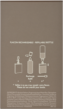 Tył opakowania perfum Hermès Terre d'Hermes Eau Givree z instrukcją uzupełniania i listą składników.
