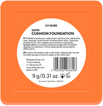 Bielenda Satin Cushion Foundation 02 Nude, pomarańczowy kompakt, satynowy podkład cushion 9g, widok z góry.