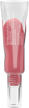Satynowy olejek do ust FaceBoom Make-Up nr 03 Funky Pink, różowy, w przezroczystej tubce, widok z tyłu z etykietą.