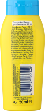 Tył żółtego mleczka do opalania Sunozon Kids SPF 50, z listą składników, kodem kreskowym i pojemnością 50ml.