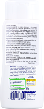 Tył białej butelki balsamu Sunozon MED 200ml. Etykieta: skład, opis działania, info o recyklingu i weganizmie.