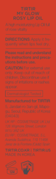 Tył opakowania TIRTIR My Glow Rosy Lip Oil, czerwone tło z opisem produktu i ikonami 12M i instrukcji.