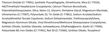Lista składników INCI rozświetlacza Laka DreamBeam: czarny tekst na białym tle, widoczne Titanium Dioxide i Mica.