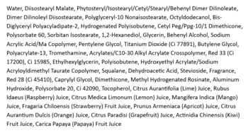 Blok tekstu z listą składników błyszczącej pomadki w płynie Laka Fruity Glam Tint, kolor Envy, na białym tle.