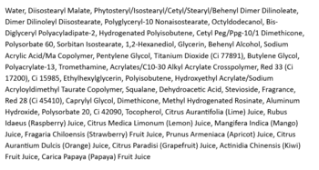 Lista składników błyszczącej pomadki Laka Fruity Glam Tint, gęsto zapisane, drobne czcionki na białym tle.