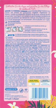 Tył opakowania maski do stóp Fusswohl Coco Cubana. Widoczne instrukcje, składniki, kod kreskowy i tropikalne motywy.