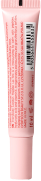 Tył różowego balsamu do ust Everybody London Peptide Lip Tint 10ml z opisem, składnikami i kodem kreskowym.