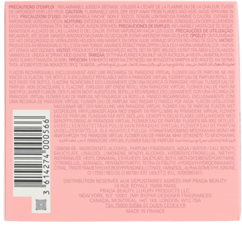 Tył różowego opakowania damskiej wody perfumowanej Prada Paradoxe Virtual Flower z kodem i składnikami.