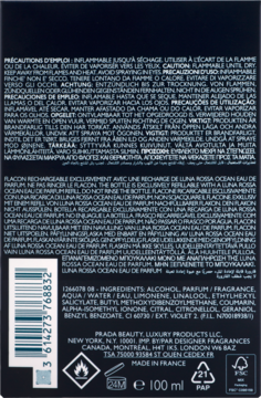 Tył ciemnego opakowania Prada Luna Rossa Ocean, woda perfumowana, widoczne składniki, kod kreskowy i 100 ml.