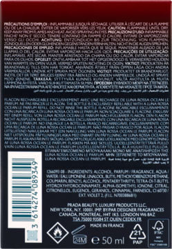 Tył butelki perfum Prada Luna Rossa Ocean 50ml, czarna z białym tekstem, składem i kodem kreskowym.