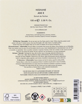 Beżowy tył opakowania Nishane Ani X Extrait de Parfum 100ml. Widoczne składniki, ostrzeżenia i piktogramy.