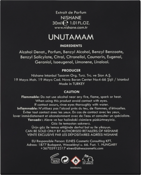 Tył opakowania Nishane Unutamam Extrait de Parfum 30ml, czarne z pełną listą składników i ostrzeżeniami.
