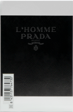 Opakowanie perfum L'HOMME PRADA MILANO, czarne z teksturowanym wzorem, widok z przodu, z kodem kreskowym.