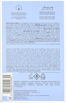 Tył jasnoniebieskiego opakowania Mugler Angel Nova Eau de Parfum – refill. Tekst, lista składników. Damska woda.
