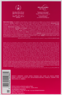 Tył opakowania produktu Mugler w intensywnym różu z listą składników i informacjami o użyciu, widoczny kod kreskowy.