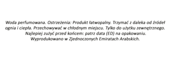 Tekst instrukcji i ostrzeżeń dla wody perfumowanej Armaf Odyssey, łatwopalny, na białym tle, widok z tyłu etykiety.