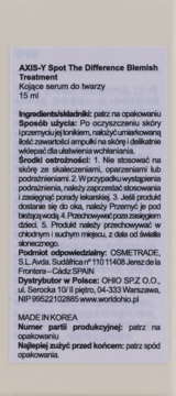 Tył etykiety serum AXIS-Y Spot The Difference Blemish Treatment 15 ml, z polskim tekstem o składnikach i użyciu.