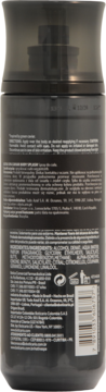 Tył ciemnej butelki mgiełki do ciała Nativa SPA Caviar, z widoczną listą składników i kodem kreskowym.