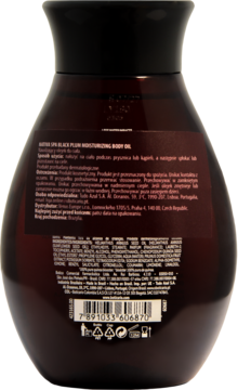 Tył butelki nawilżającego olejku do ciała Nativa SPA Black Plum z etykietą i składem.