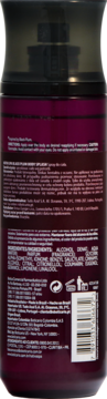 Tył ciemnoczerwonej mgiełki do ciała Nativa SPA Black Plum, widoczne etykiety z listą składników i kodem kreskowym.