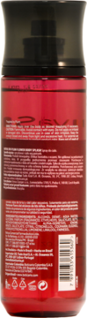Tył czerwonej butelki mgiełki do ciała Nativa SPA Plum Flower z czarnym atomizerem, widoczne etykiety i kod kreskowy.