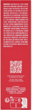 Tył czerwonego opakowania kryjącego podkładu Clarins Everlasting, z białymi składnikami, QR kodem, danymi.
