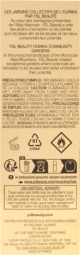 Tył beżowego opakowania podkładu YSL All Hours z ostrzeżeniami, symbolami recyklingu oraz adresem producenta.