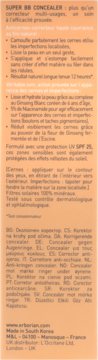 Zbliżenie na beżowe opakowanie korektora Erborian Super BB z SPF 25; tekst z opisem właściwości.