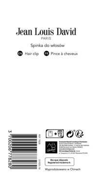 Tył opakowania spinki do włosów Jean Louis David Paris. Biała karta z kodem kreskowym, ikonami i opisem w 3 językach.