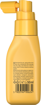 Tył żółtej butelki wcierki Neboa Strong Scalp 50ml z pompką, widoczne instrukcje i kod kreskowy.