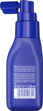 Tył niebieskiej butelki Neboa Overnight Hair Care 50ml z pompką, widoczne instrukcje i kod kreskowy.