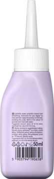 Tył jasnofioletowej butelki Wody lamelarnej Neboa Glossy Hair 50ml z białym aplikatorem i kodem kreskowym.