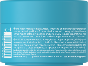 Tylna etykieta maski Neboa Hydration & Smoothness 50ml, niebieskie opakowanie z opisem i składem.