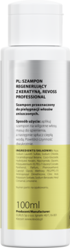 Tył białej butelki szamponu Revoss Professional z keratyną 100ml. Żółta etykieta z czarnym opisem.