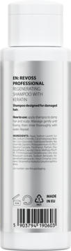 Tył opakowania szamponu Revoss Professional Regenerating z keratyną do włosów zniszczonych, z listą składników i kodem kreskowym.