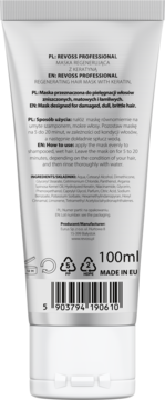 Tył srebrnej tubki Revoss Professional Maski Regenerującej z Keratyną 100ml, opis dla włosów zniszczonych.