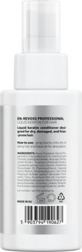 Tył białej butelki Revoss Professional Liquid Keratin for Hair, odżywki do włosów suchych, zniszczonych i puszących się.