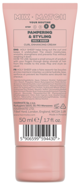 Tył różowej tubki kremu Hairmate Holy Sheep do loków 50ml, z czytelnym opisem i kodem kreskowym.