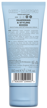 Tył jasnoniebieskiej tubki Hairmate Mermaid Smoothing and Detangling Cream 50ml z listą składników i kodem EAN.