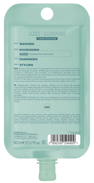 Tył jasnozielonej saszetki odżywki Hairmate Repair 50ml dla włosów zniszczonych, z widocznym opisem i pojemnością.