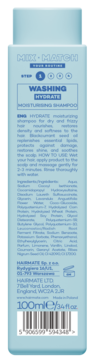 Tył mini butelki szamponu nawilżającego Hairmate Hydrate 100ml. Jasnoniebieskie opakowanie z tekstem i kodem.