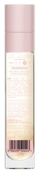 Tył małego, prostokątnego serum Hairmate Kissy Oil. Opis 'Pampering', składniki i barcode 5906599594423.