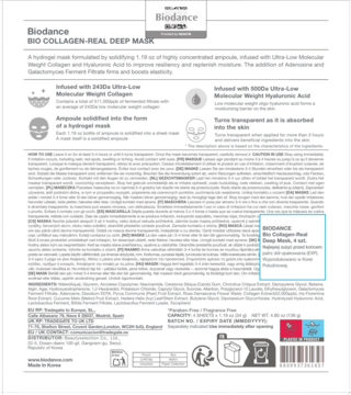 Biodance Bio Collagen-Real Deep Mask w białym opakowaniu, z opisem składników i instrukcją użycia.